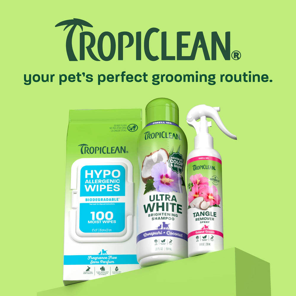 TropiClean cat-friendly label alongside dog shampoo for mixed-pet homes.