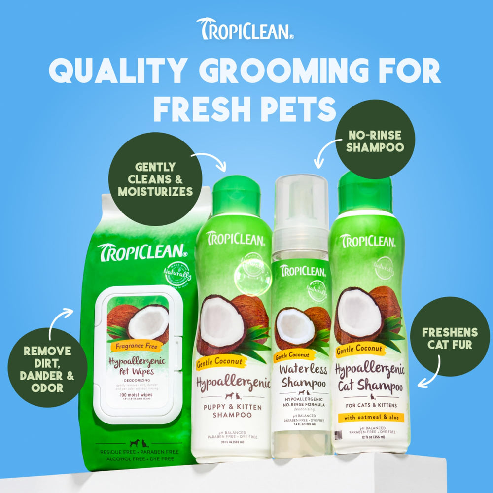 TropiClean cruelty free label shown on hypoallergenic wipes.
