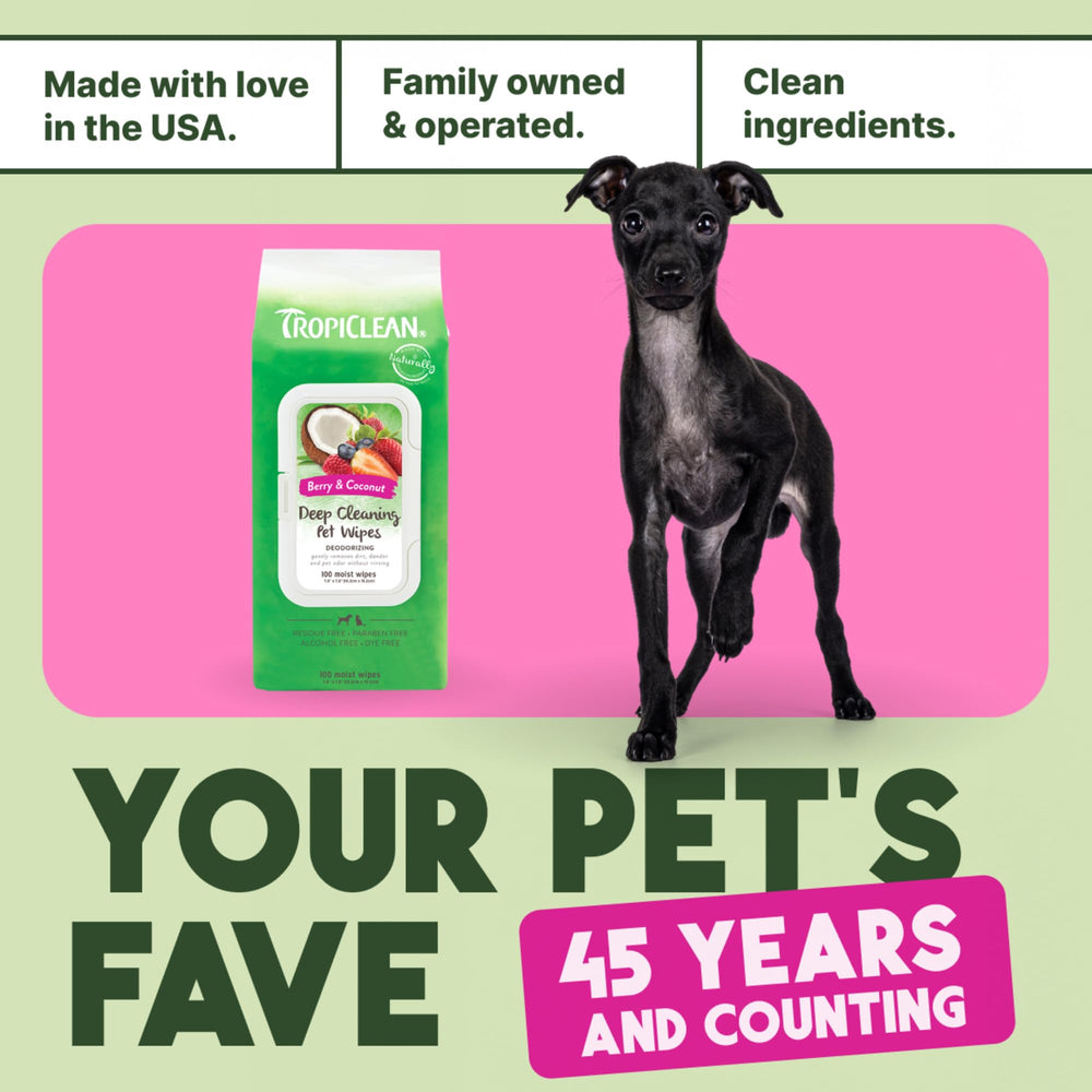 TropiClean Deep Cleaning Pet Wipes in an easy-open pack for on-the-go care.