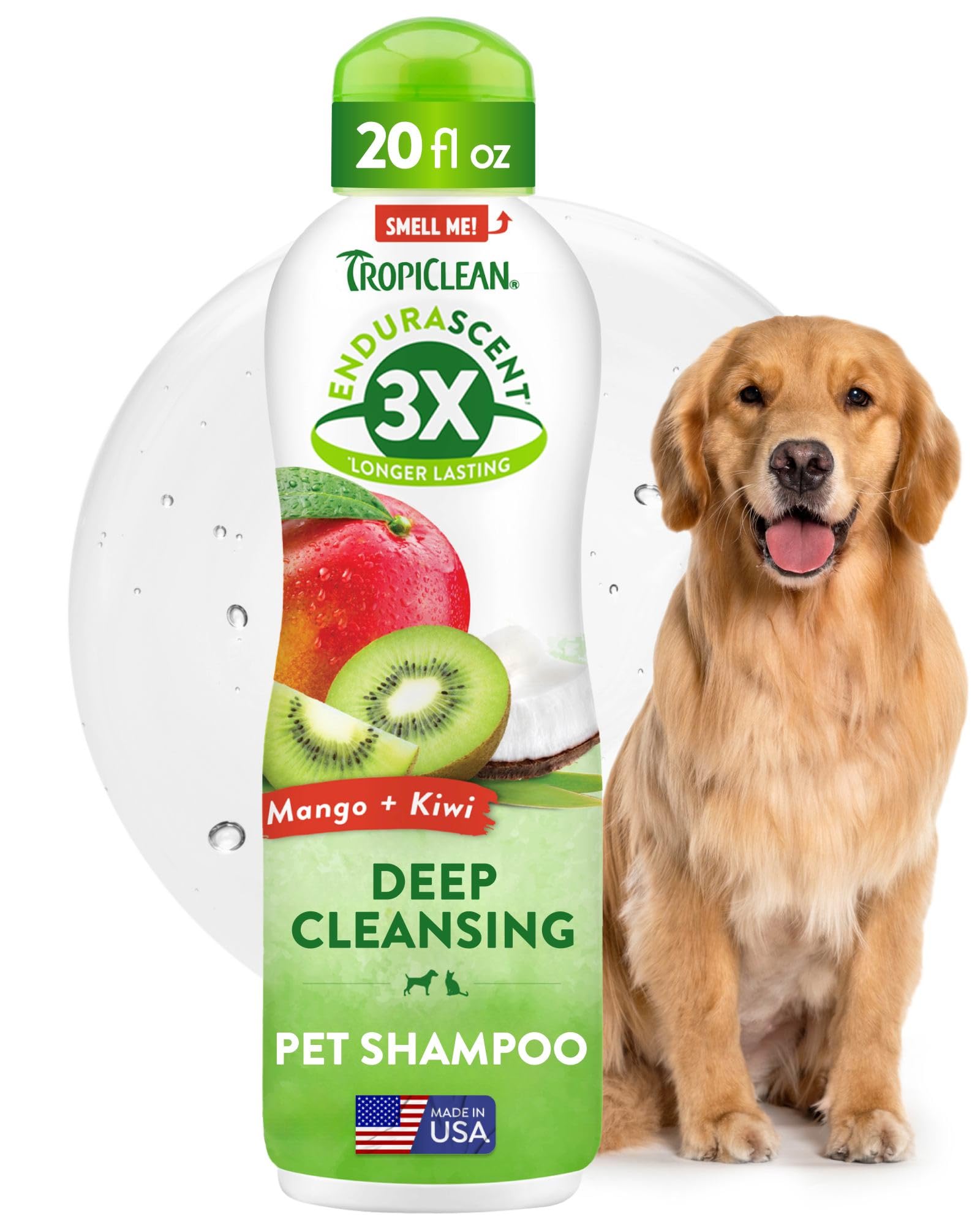 TropiClean Deep Cleansing Dog Shampoo bottle shows 20oz size for deep cleaning.
