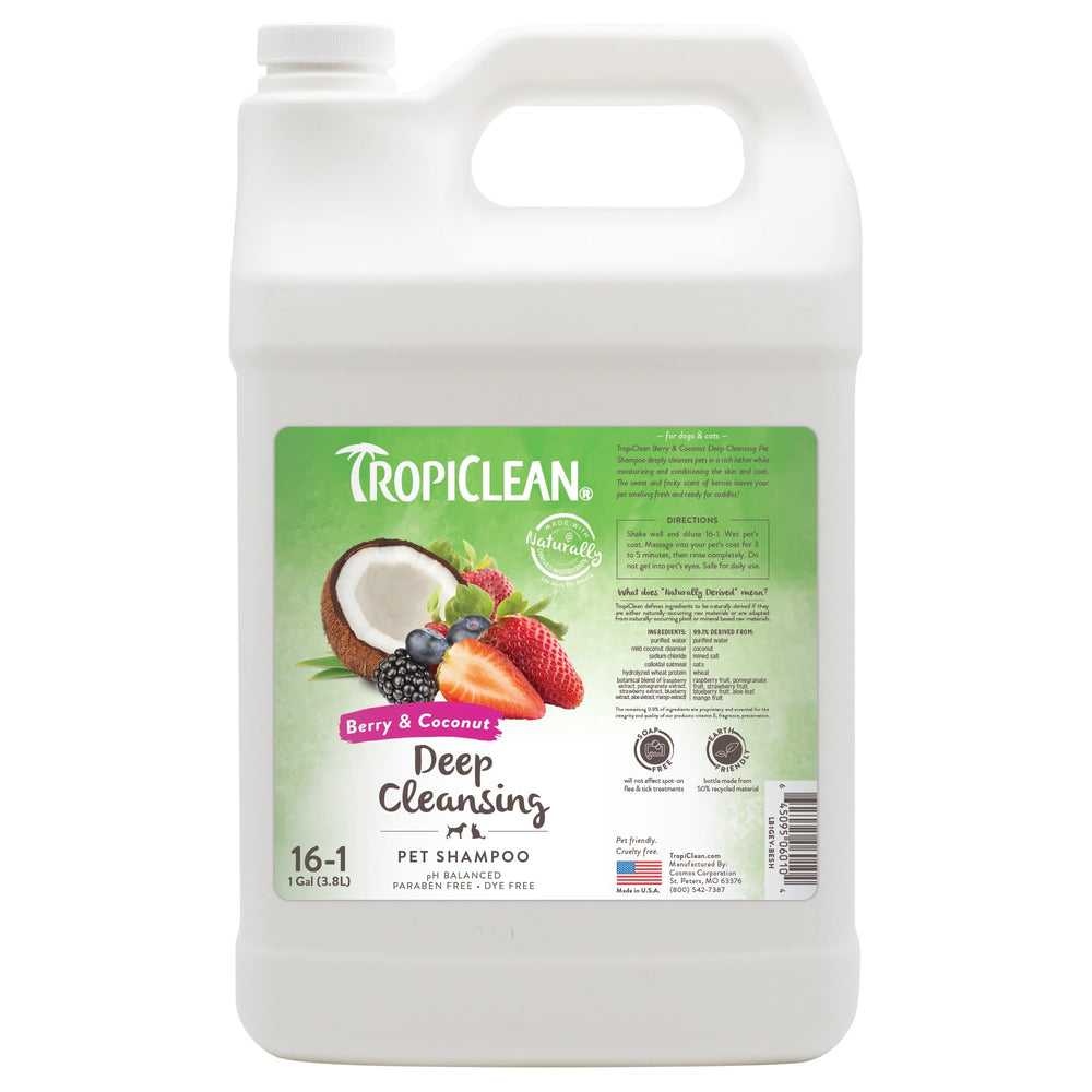 TropiClean Deodorizing Dog Shampoo bottle pour creates easy lather for a quick refreshing bath