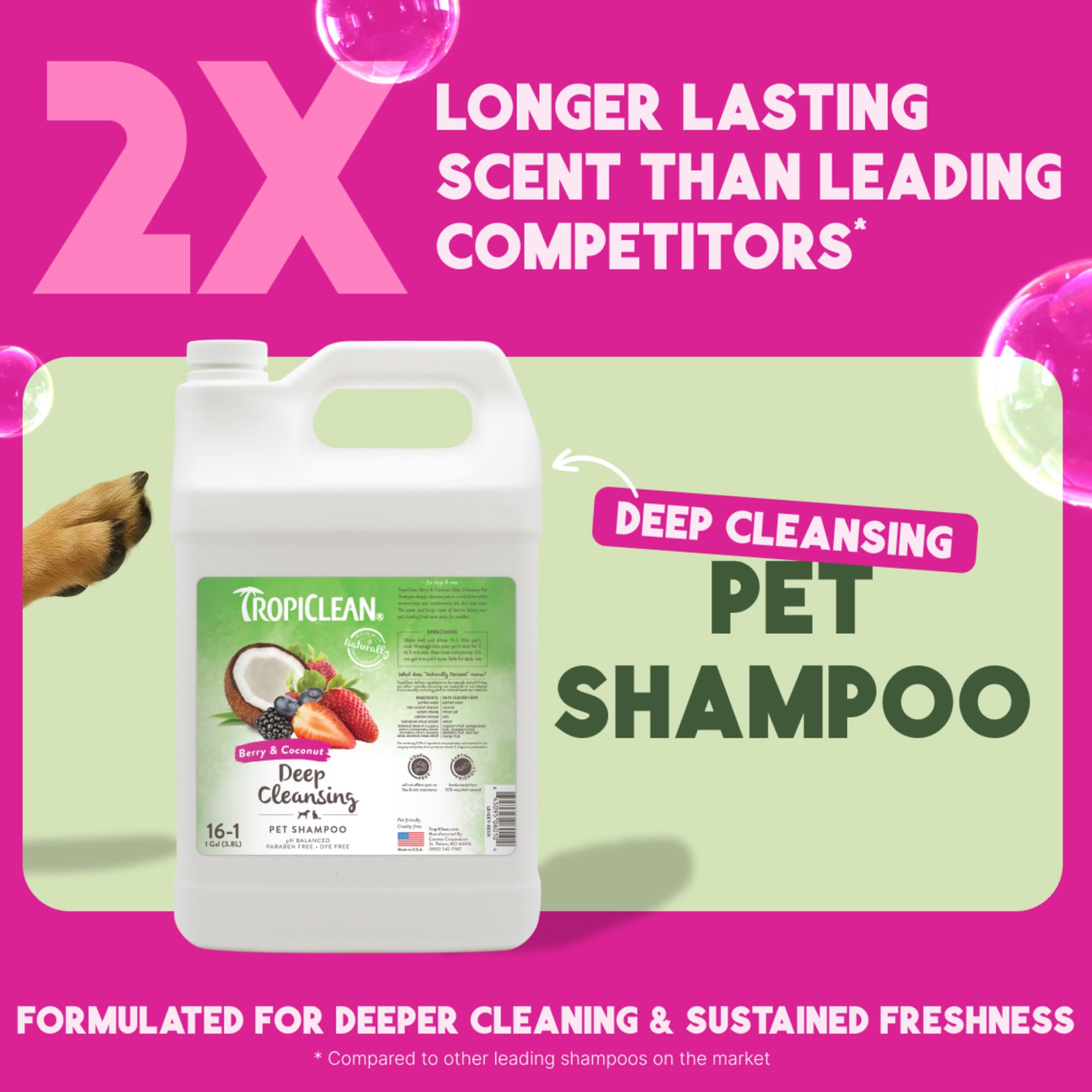 TropiClean berry lather cleanses fur with a refreshing scent