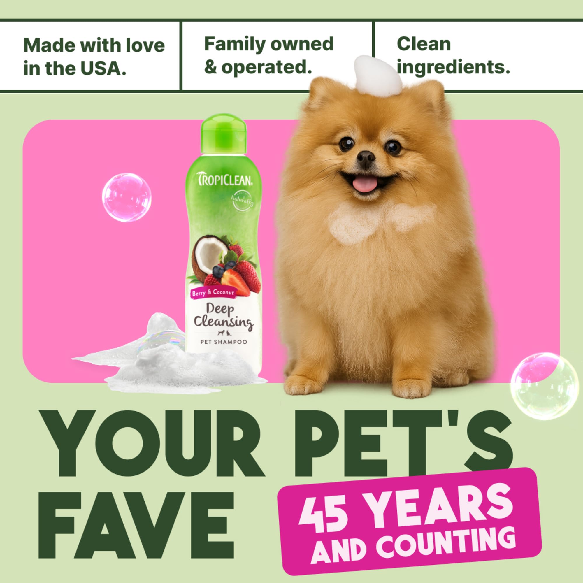 Pet grooming routine using TropiClean berry scented shampoo