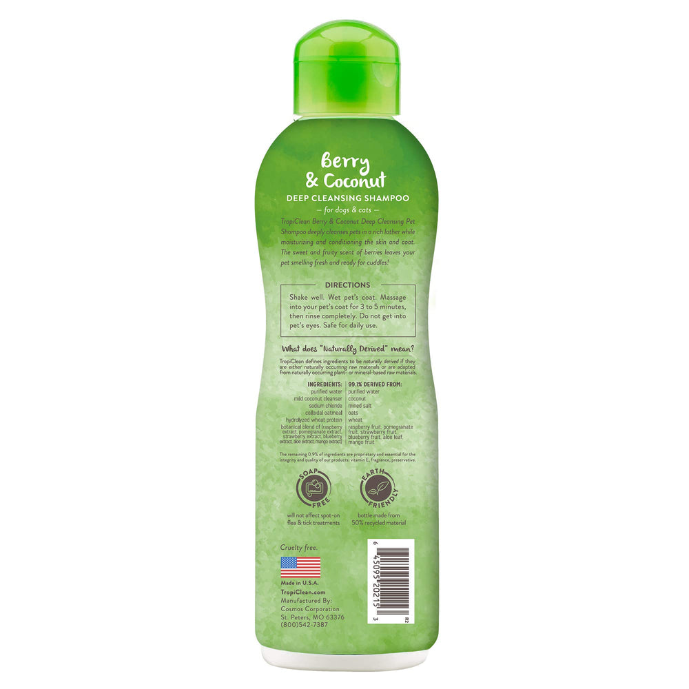 Berry scented lather from TropiClean deodorizing shampoo for freshness