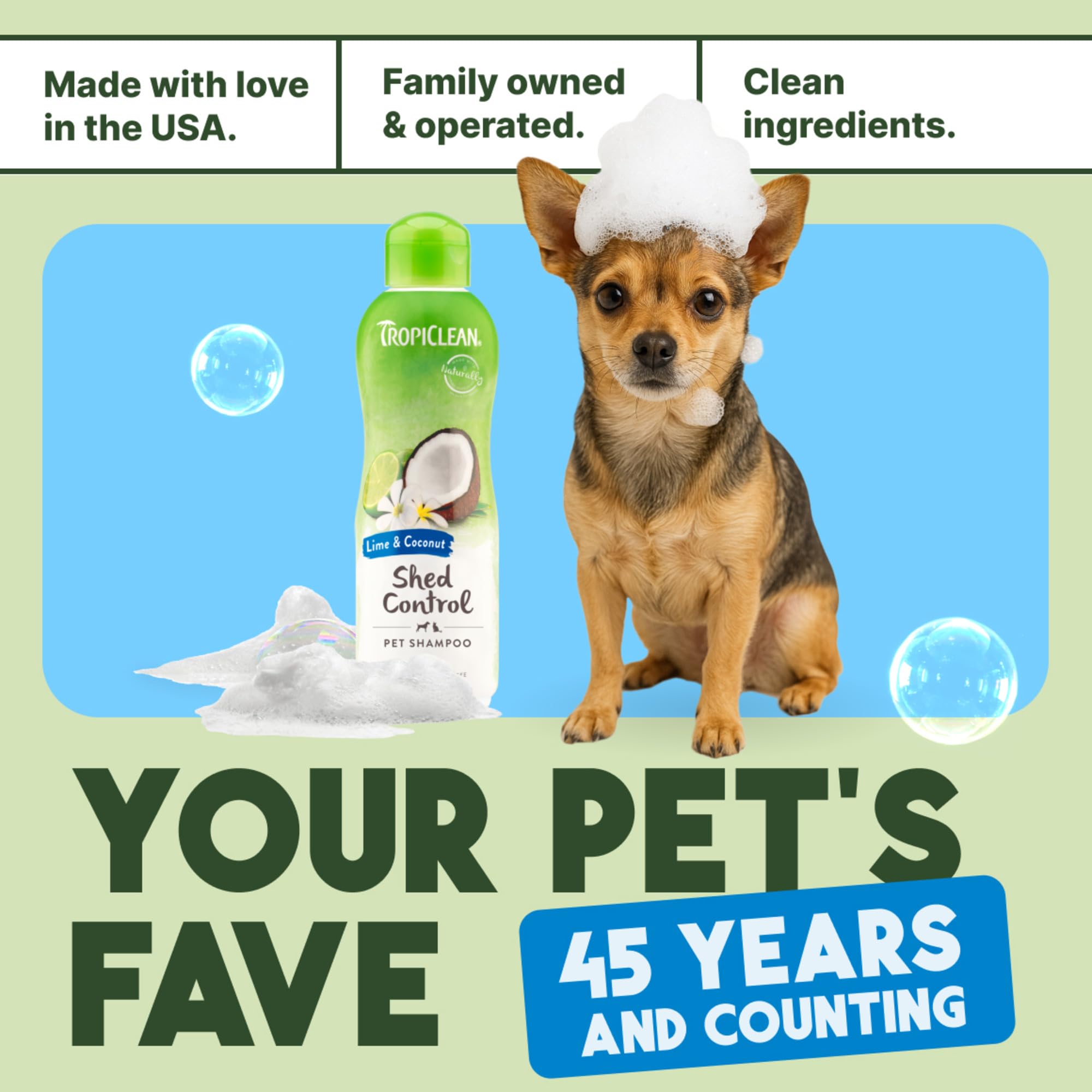 TropiClean Deshedding Dog Shampoo lime-coconut scent enhances bath-time routine.
