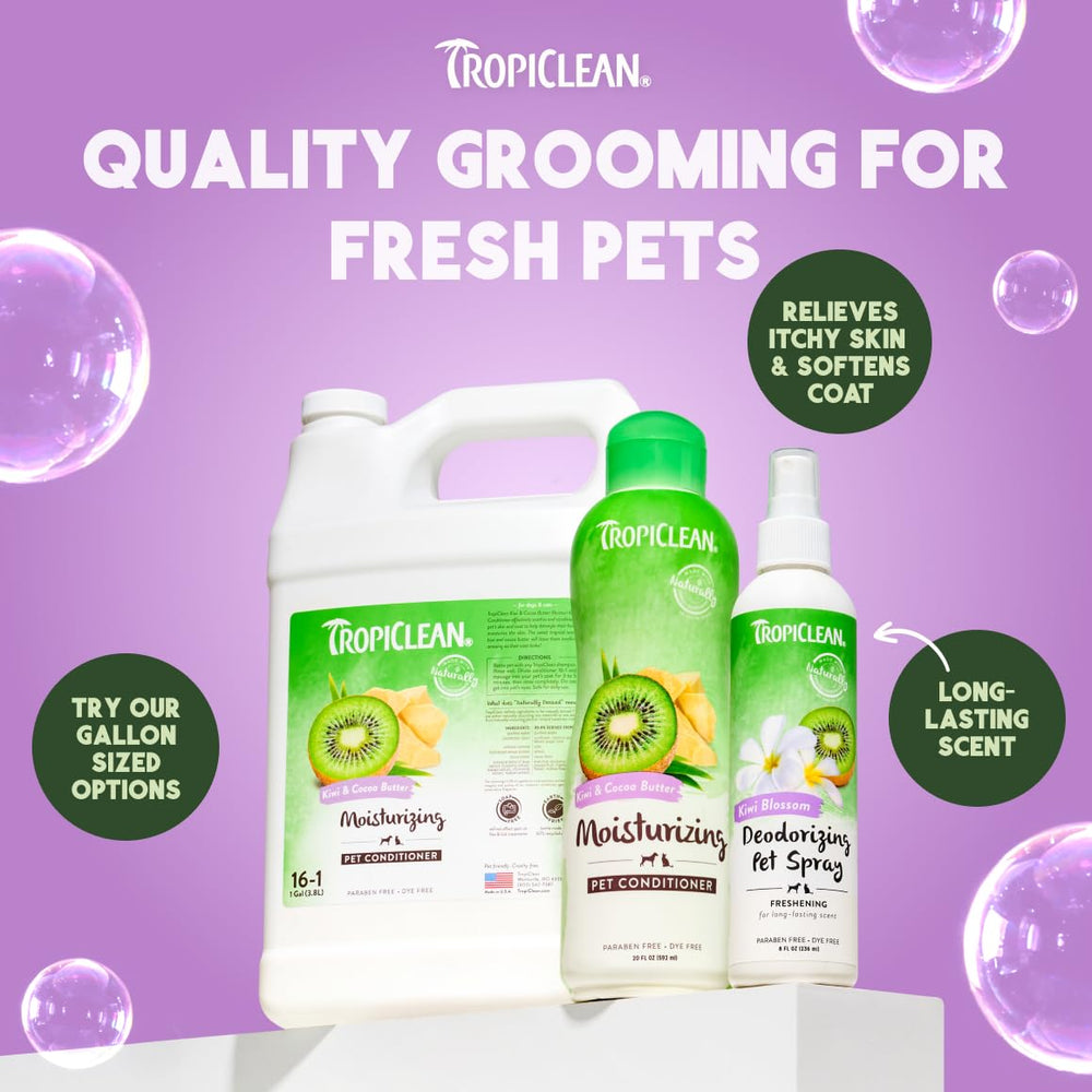 After-bath TropiClean kiwi-cocoa scent leaves fresh smell.