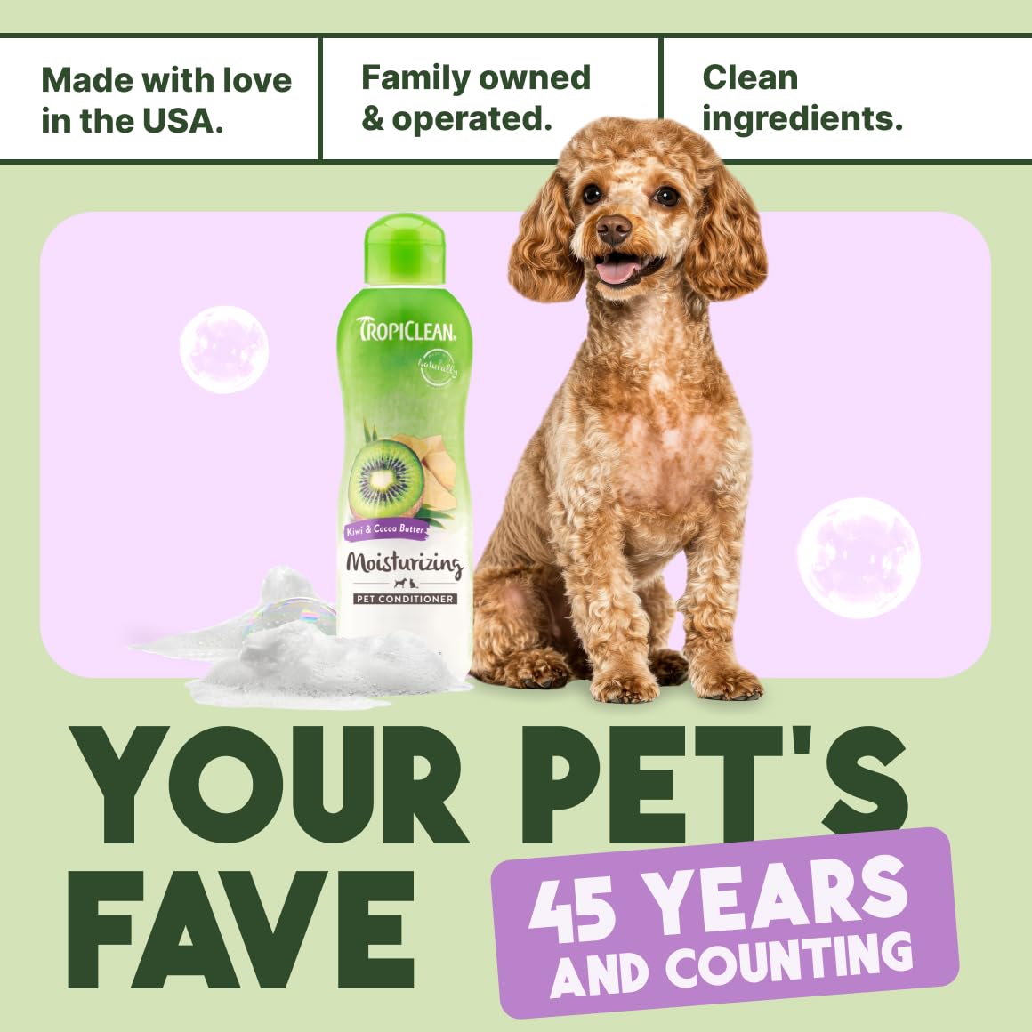 USA-made TropiClean conditioner packaging signals quality.