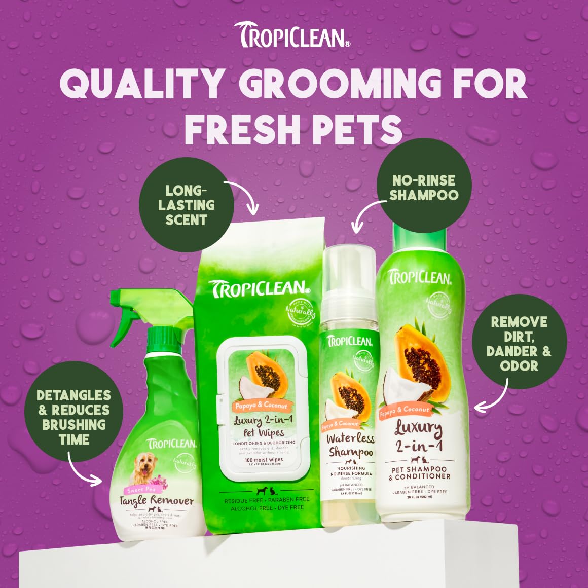 TropiClean detangler spray application-on-doodle shows practical grooming use.
