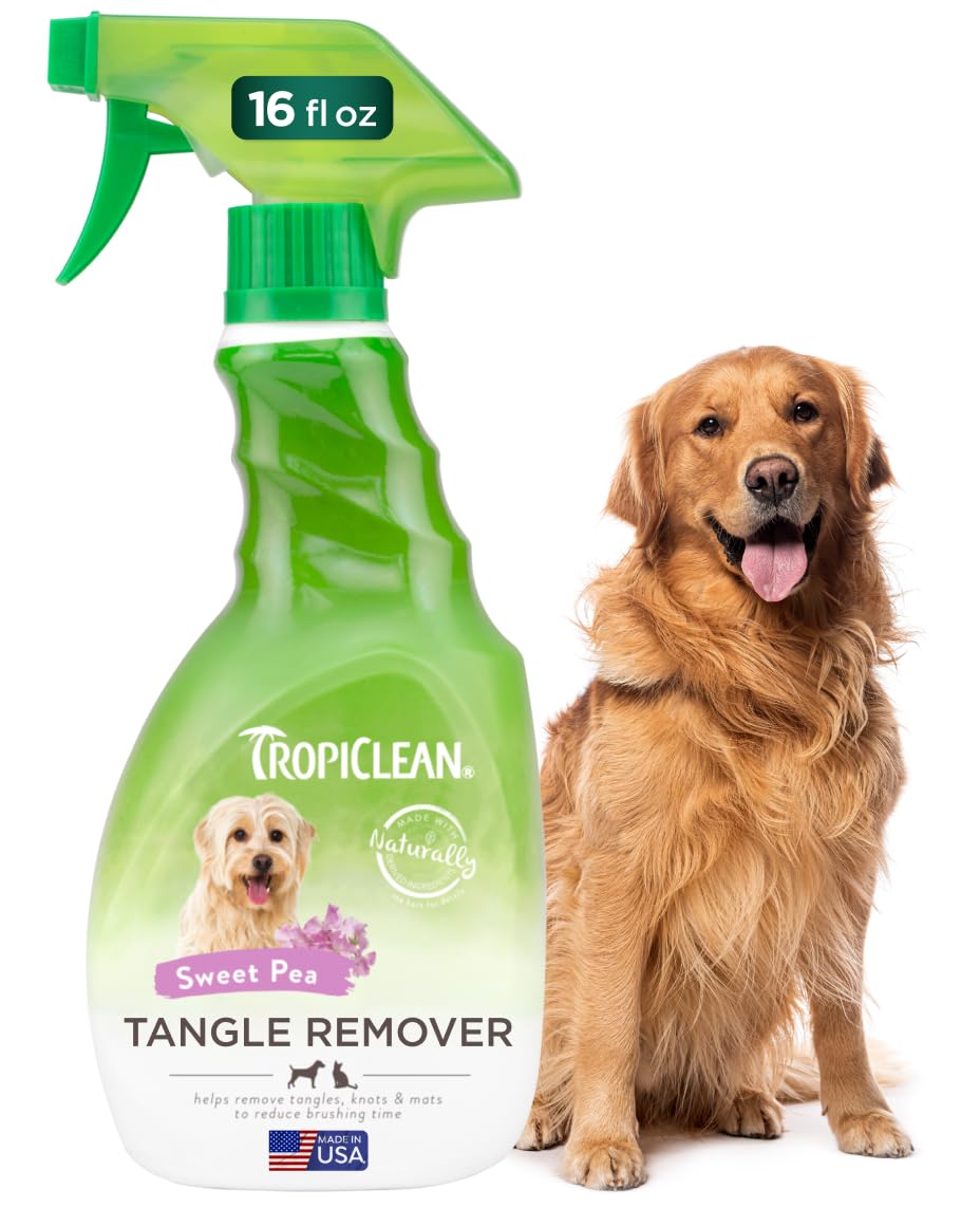 TropiClean dog detangler spray bottle for easier brushing across coats.
