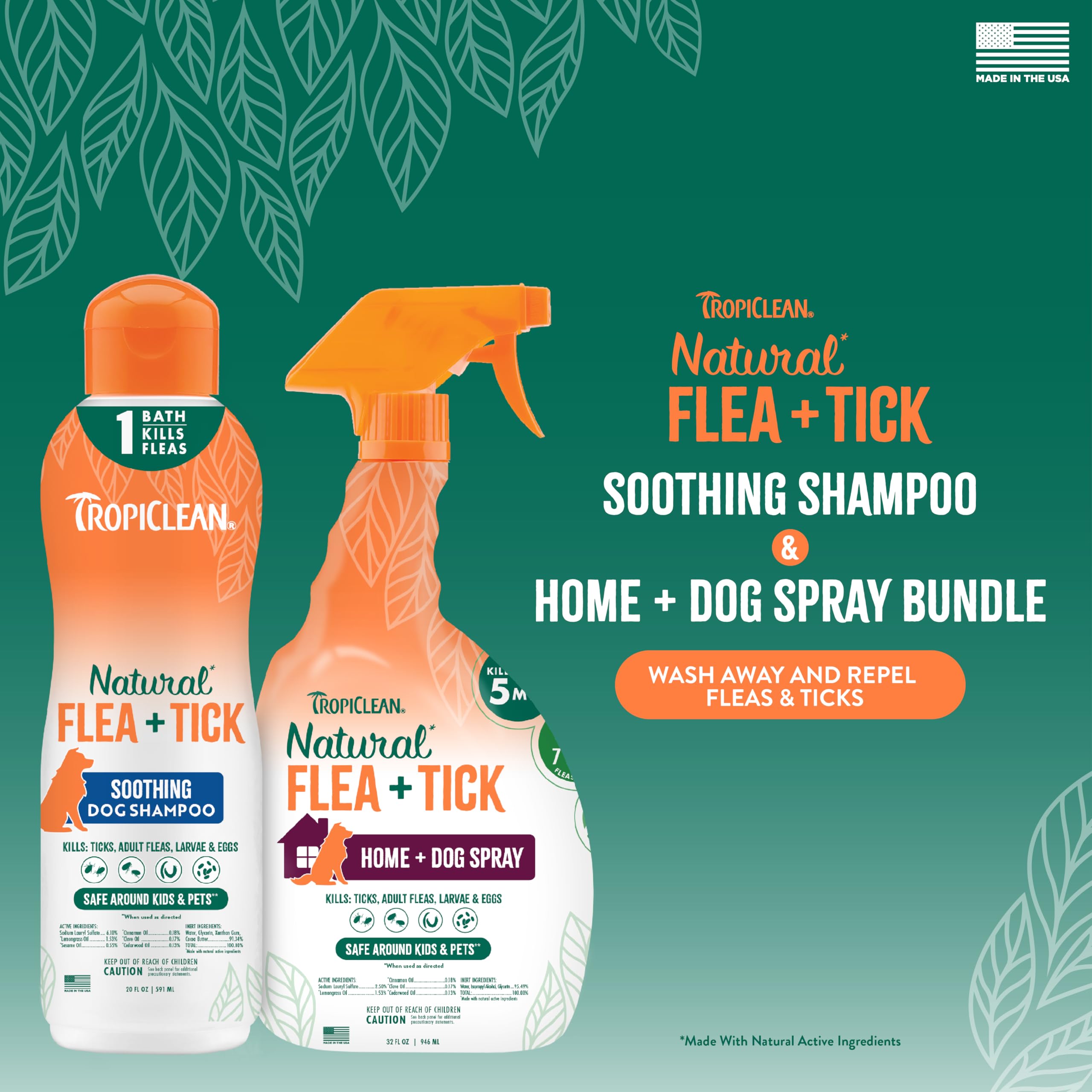 TropiClean Natural Flea and Tick Max shampoo close-up showing rich lather for clean coats.