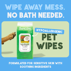 TropiClean face wipe in use around the dog's muzzle for gentle cleansing.