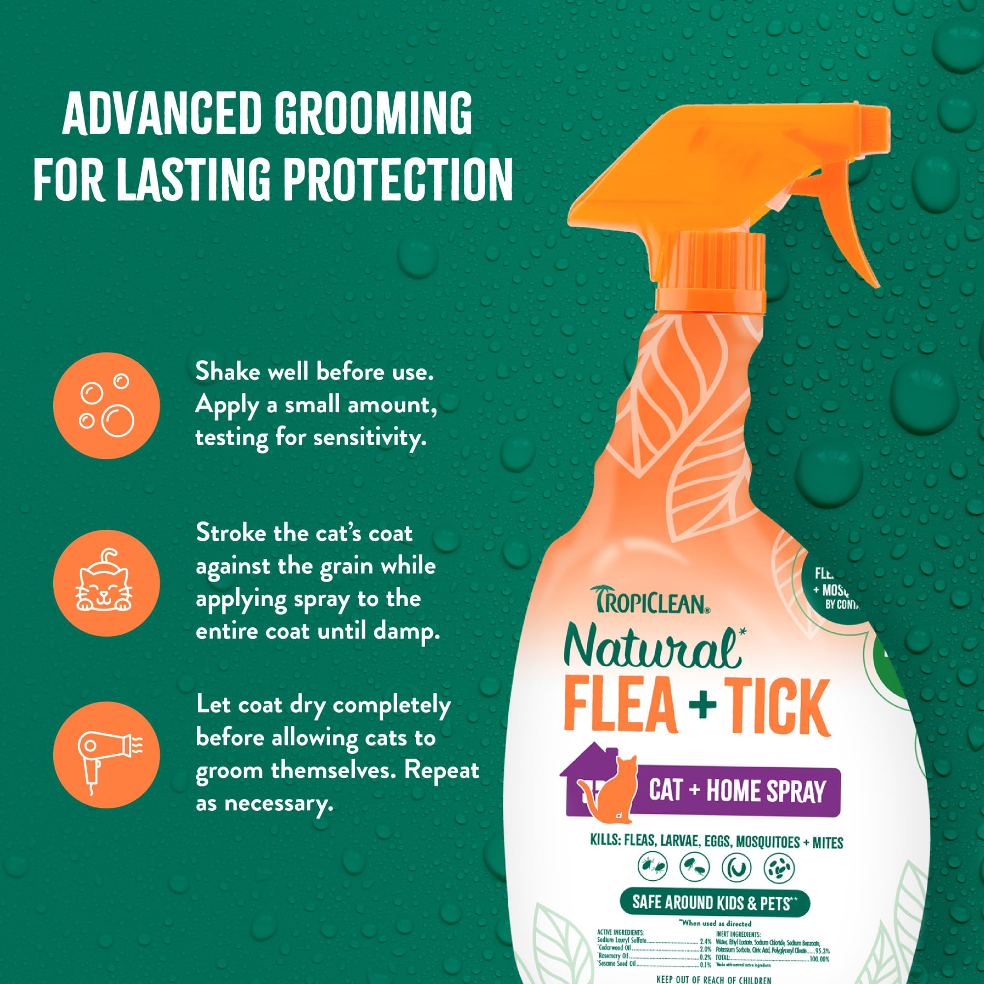 TropiClean spray mist near a cat for long-lasting repellent effects.