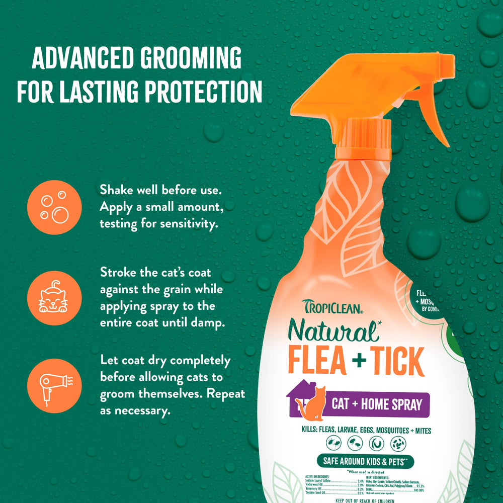 TropiClean spray mist near a cat for long-lasting repellent effects.