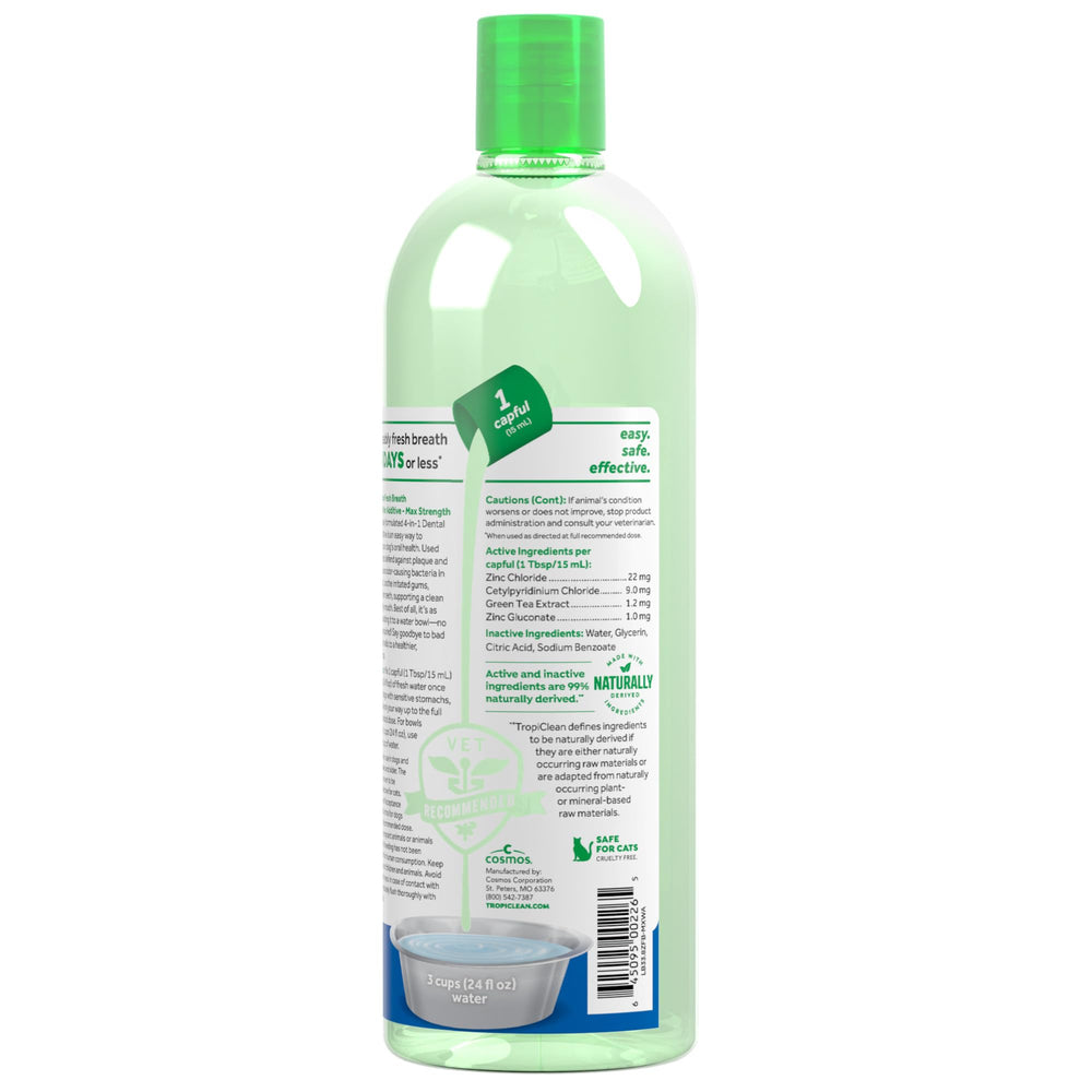 TropiClean Fresh Breath Advanced 338oz bottle packaging highlights long-term use.