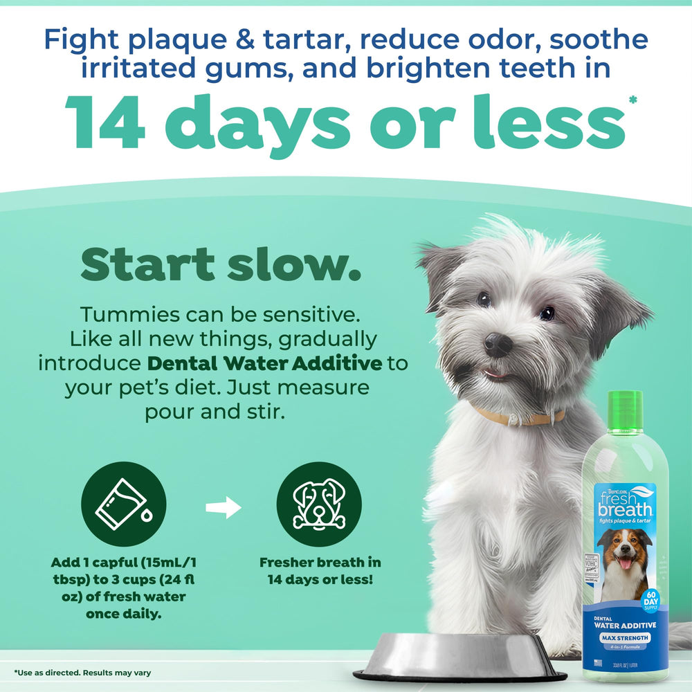 TropiClean Fresh Breath Advanced bottle close-up shows a tasteless formula that freshens breath.
