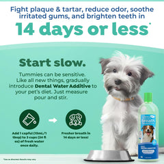 TropiClean Fresh Breath Advanced bottle close-up shows a tasteless formula that freshens breath.