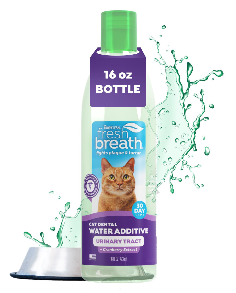 TropiClean Fresh Breath Cat Dental Water Additive bottle pour for easy dental care