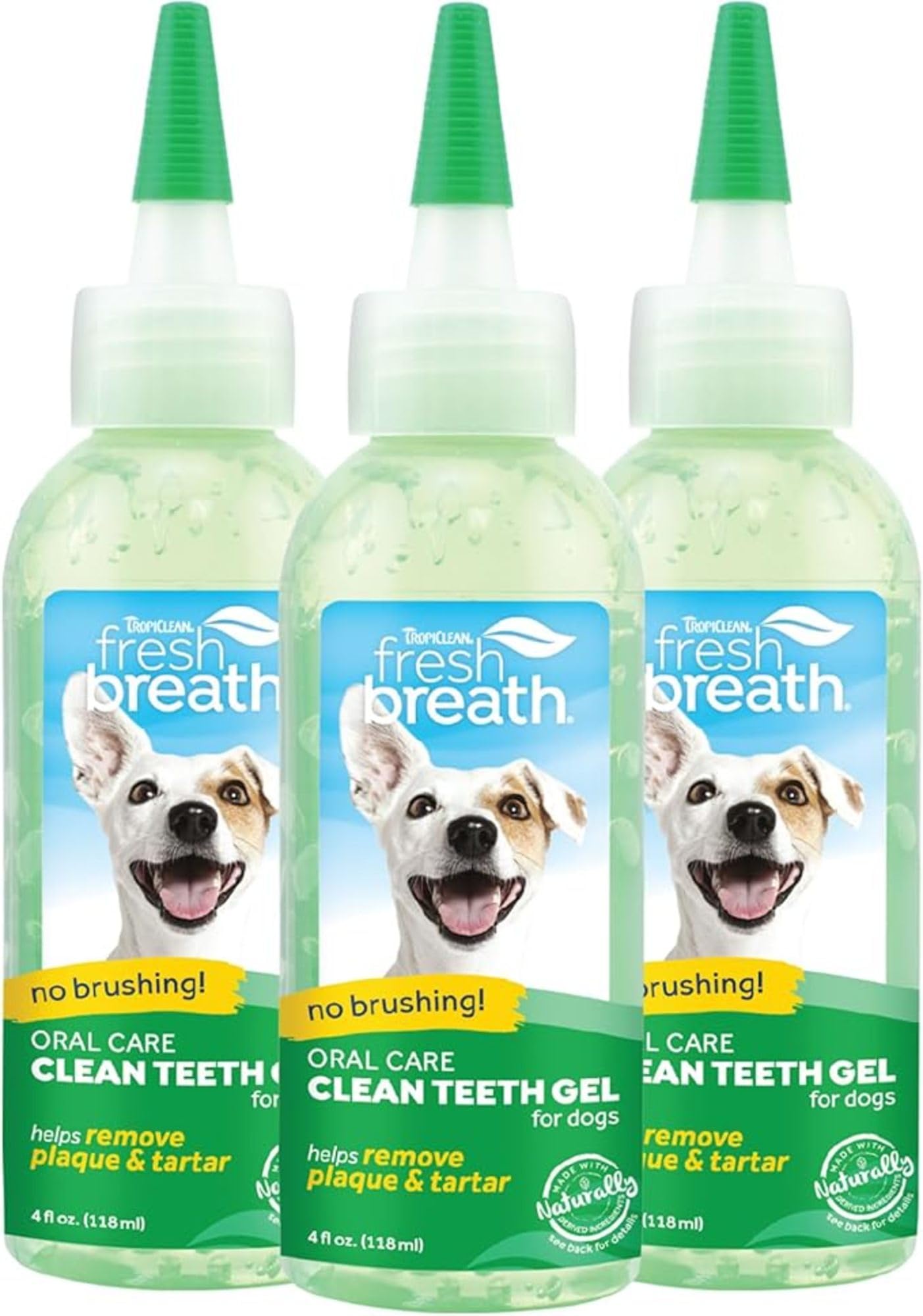 TropiClean Fresh Breath No-Brushing Gel bottle shown for easy daily dental care.