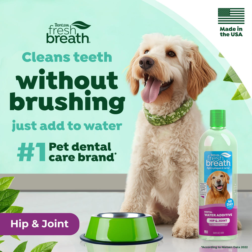 TropiClean Fresh Breath Water Additive bottle front highlights convenient, tasteless mouthwash for dogs