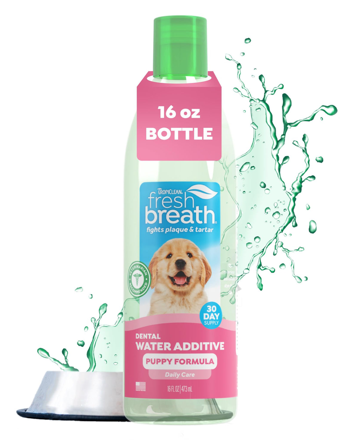 TropiClean Fresh Breath Water Additive bottle pour for easy dosing and fresh breath
