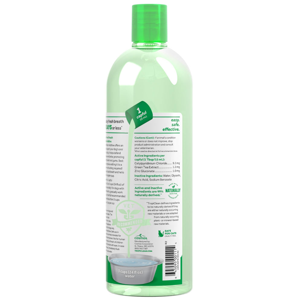 TropiClean bottle on kitchen counter ready for daily use.