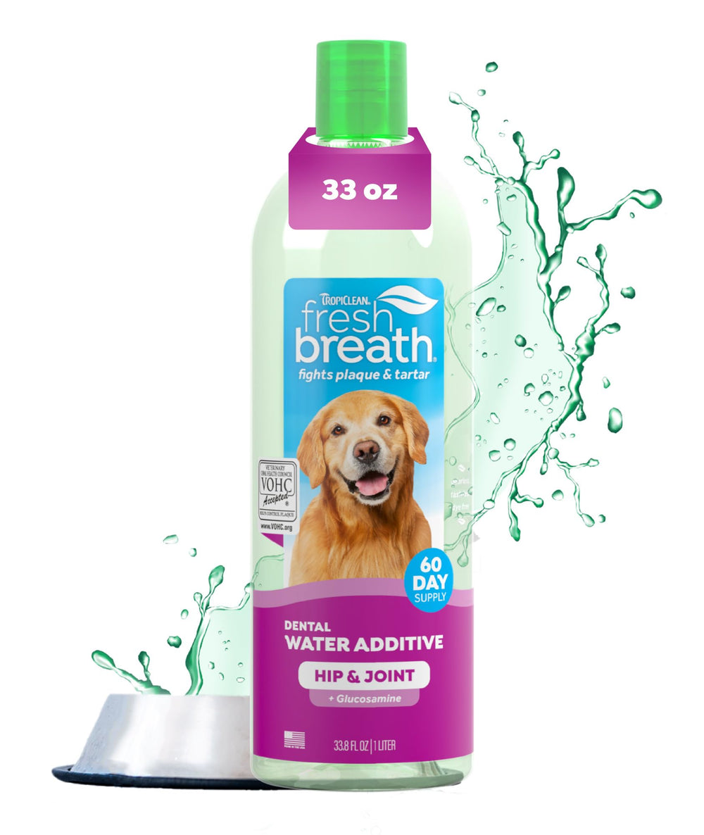 TropiClean Fresh Breath Water Additive bottle pour supports breath freshness for dogs