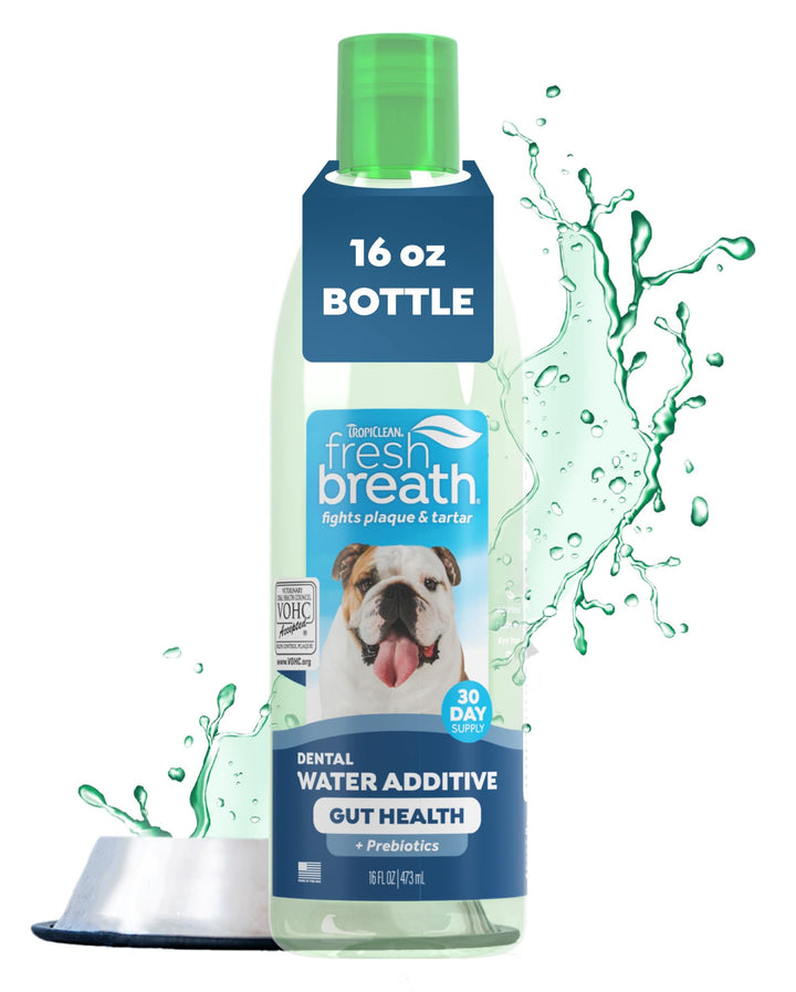 TropiClean Fresh Breath Water Additive bottle for dogs supports breath and easy dosing.