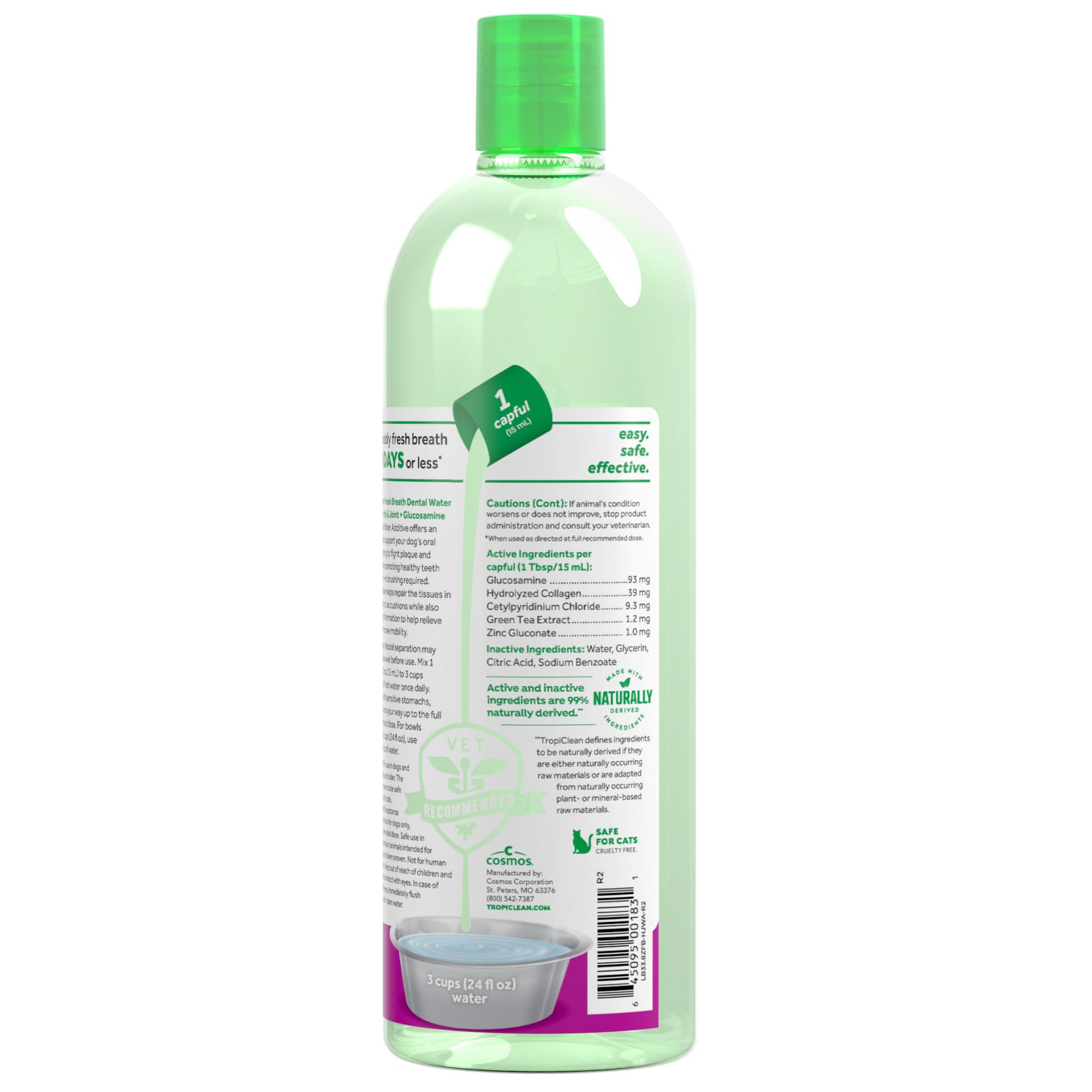 TropiClean Fresh Breath Water Additive scene dosing shows gentle daily use for busy owners