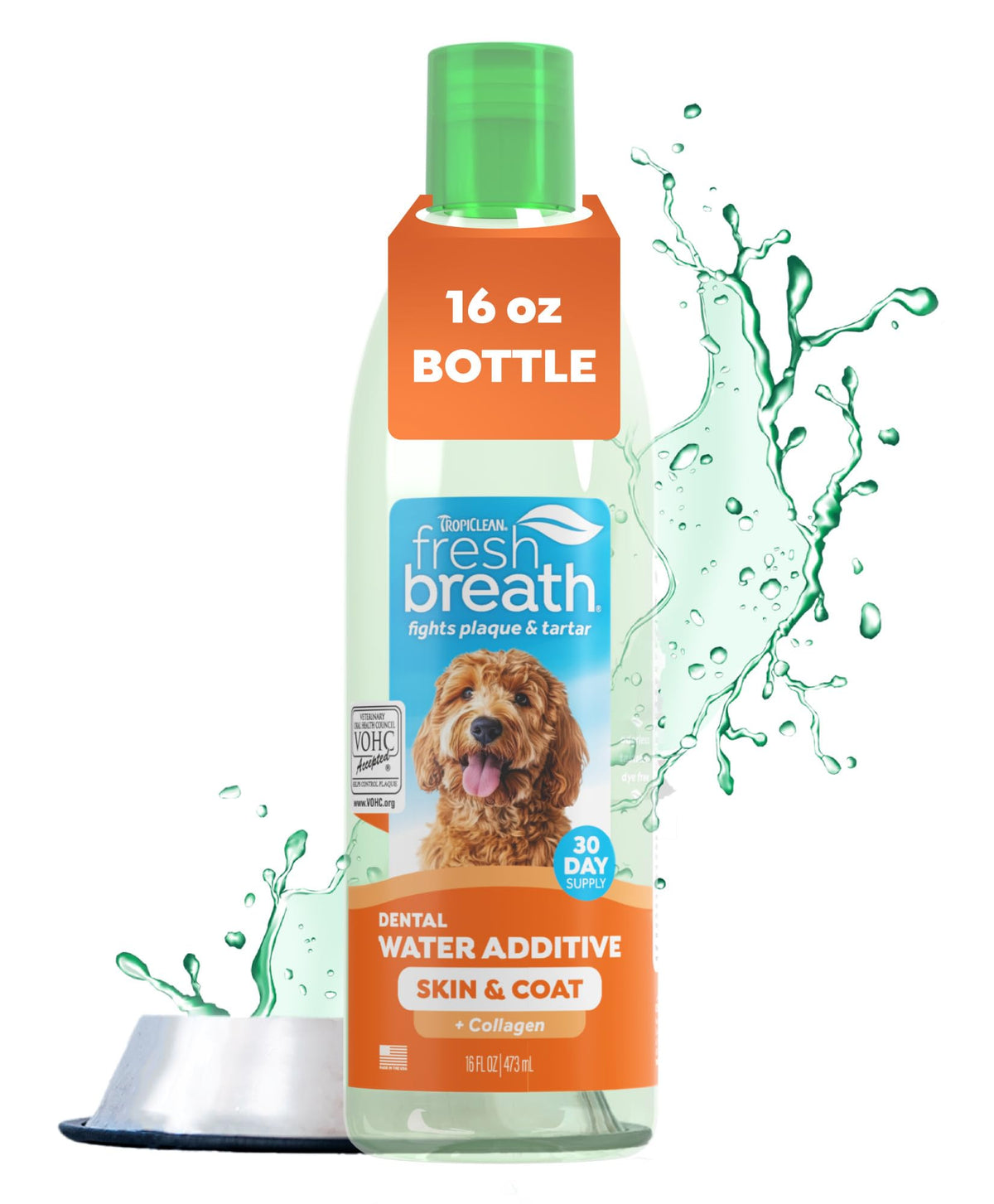 TropiClean Fresh Breath Water Additive bottle pour for easy daily dental care
