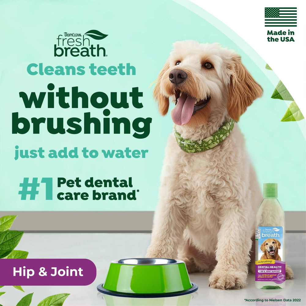 TropiClean Fresh Breath Water Additive dog bowl dose for convenient mixing.