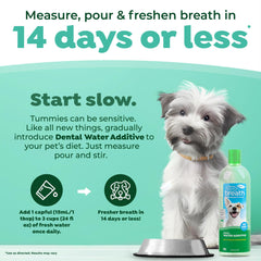 Dog drinking water with TropiClean Fresh Breath Additive in bowl