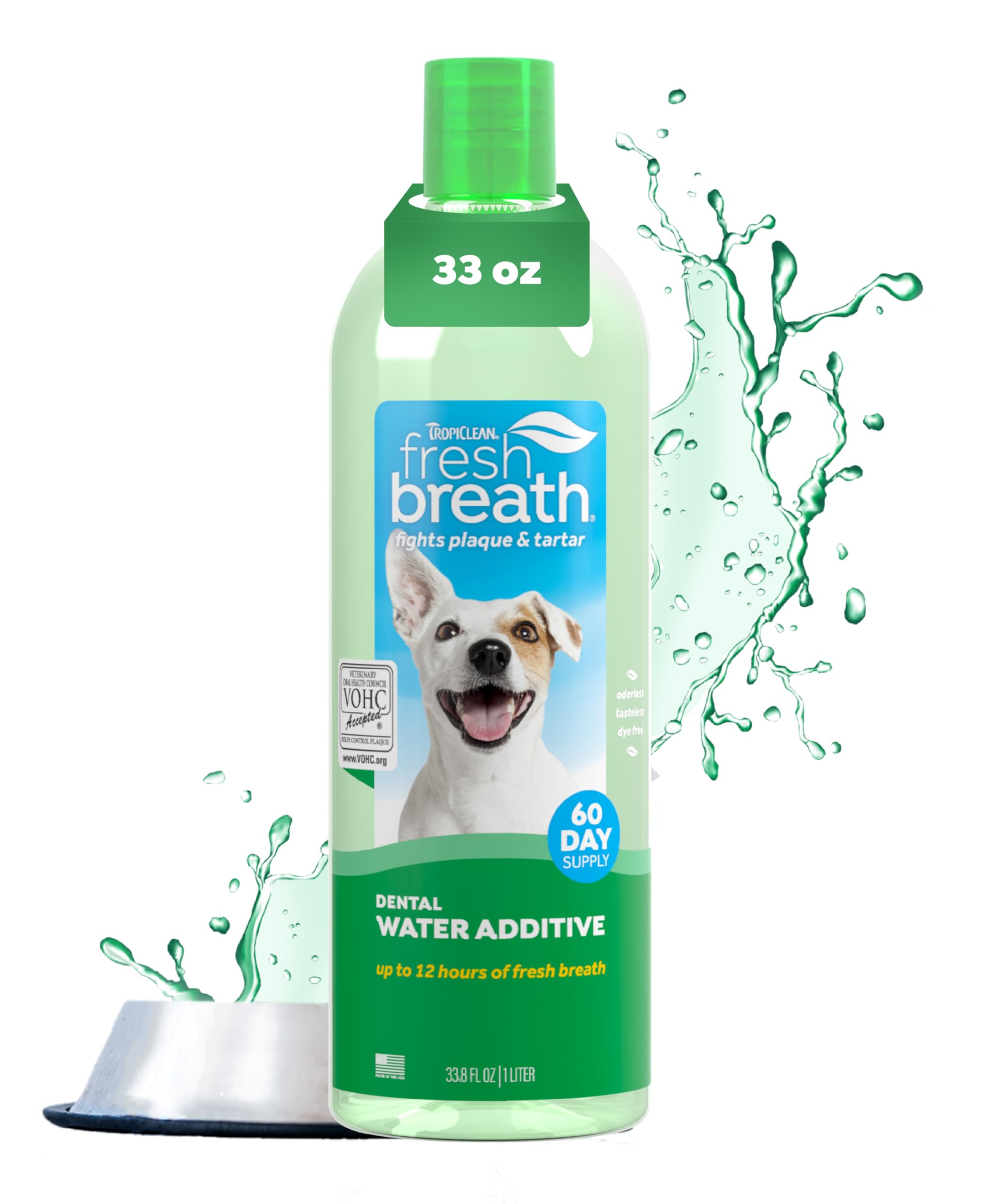 TropiClean Fresh Breath Water Additive bottle shown for easy daily dental care.