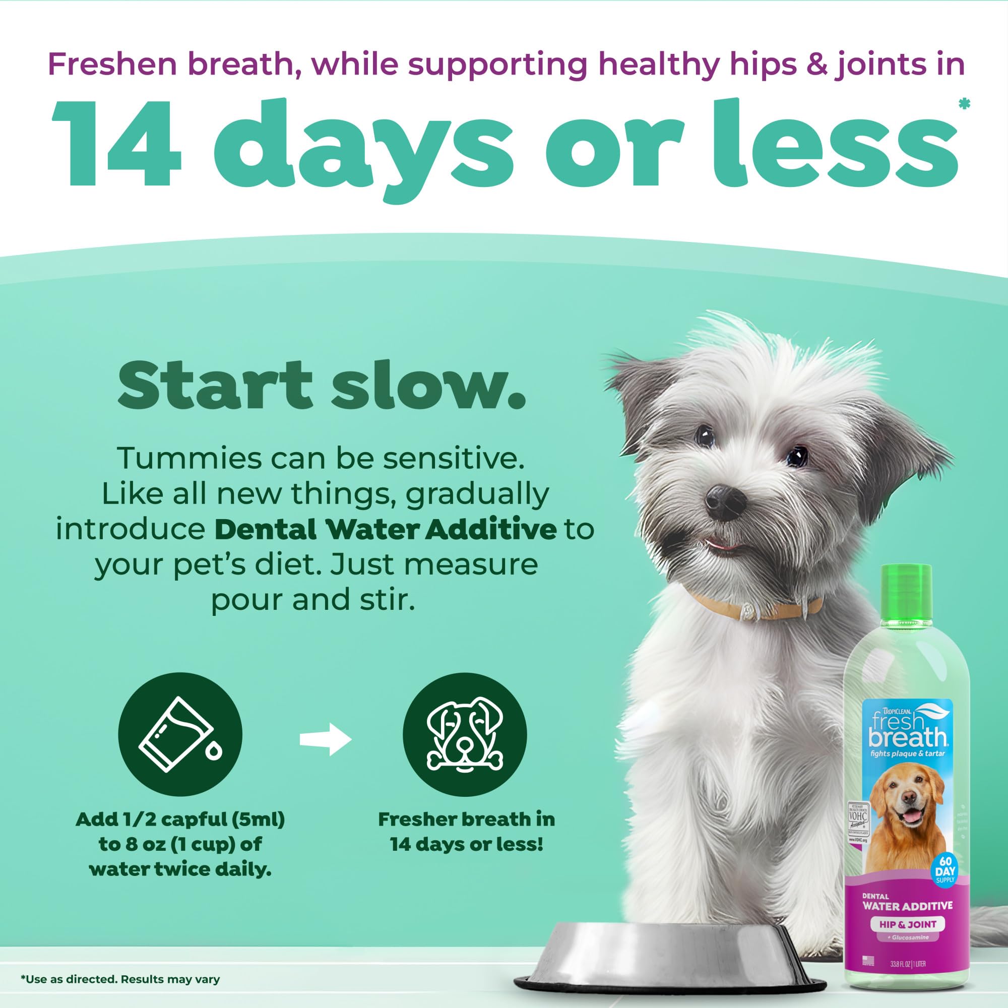 TropiClean Fresh Breath Water Additive label closeup emphasizes glucosamine for joint comfort in dogs