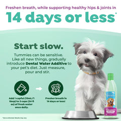 TropiClean Fresh Breath Water Additive mouthcare demonstrates plaque reduction support.