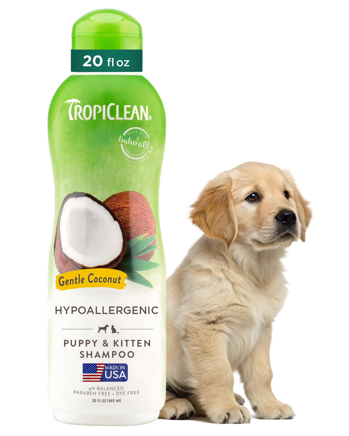 TropiClean Gentle Puppy Shampoo bottle demonstrates gentle cleanse for sensitive skin.