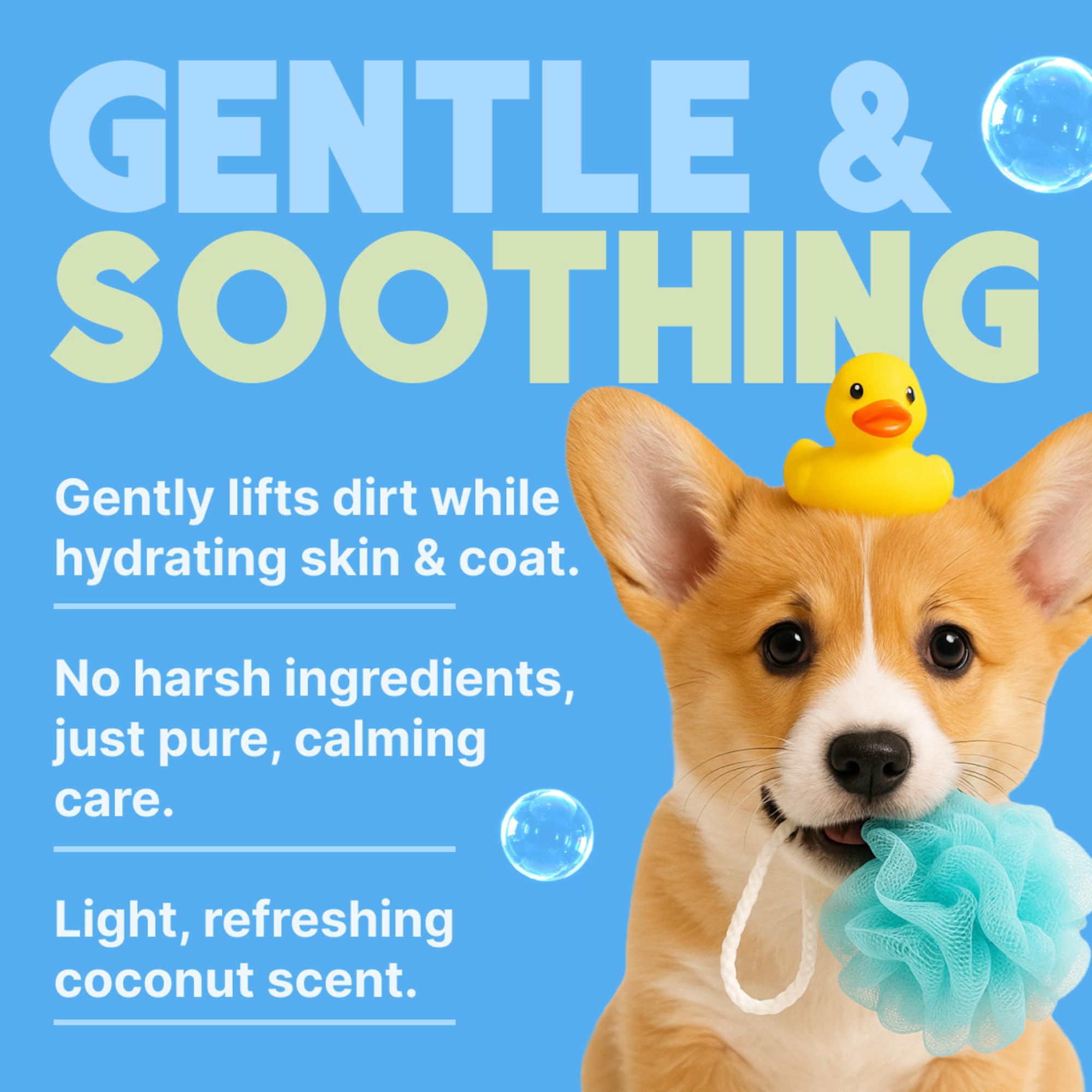 Puppy being bathed with TropiClean Gentle Puppy Shampoo in a calm bath scene