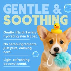 Puppy being bathed with TropiClean Gentle Puppy Shampoo in a calm bath scene