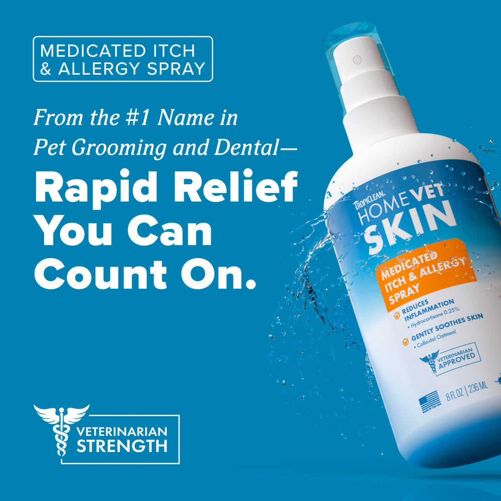 TropiClean HomeVet itch relief for dogs and cats helps soothe irritated skin.