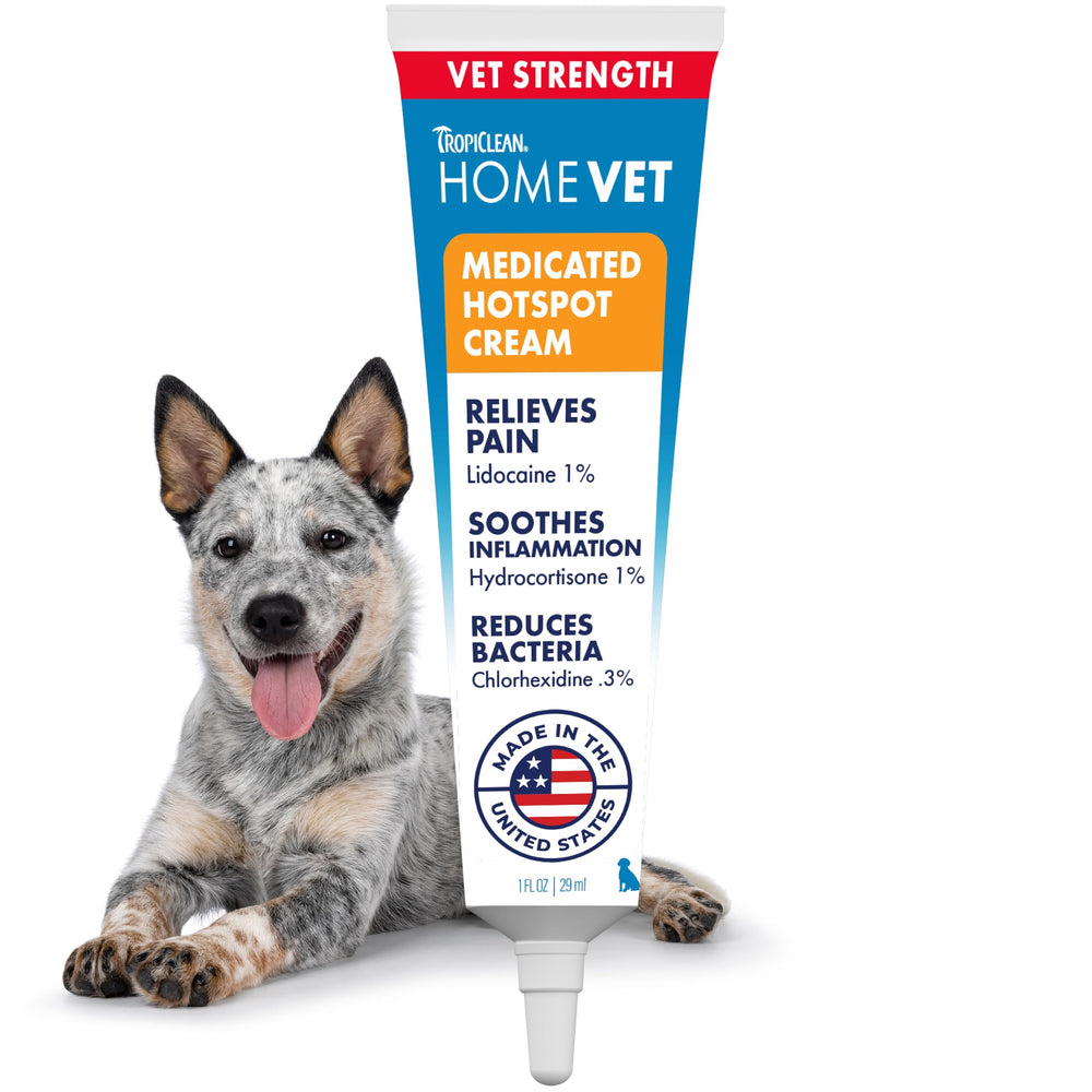 TropiClean HomeVet Medicated Cream tube ready for canine skin care and relief.