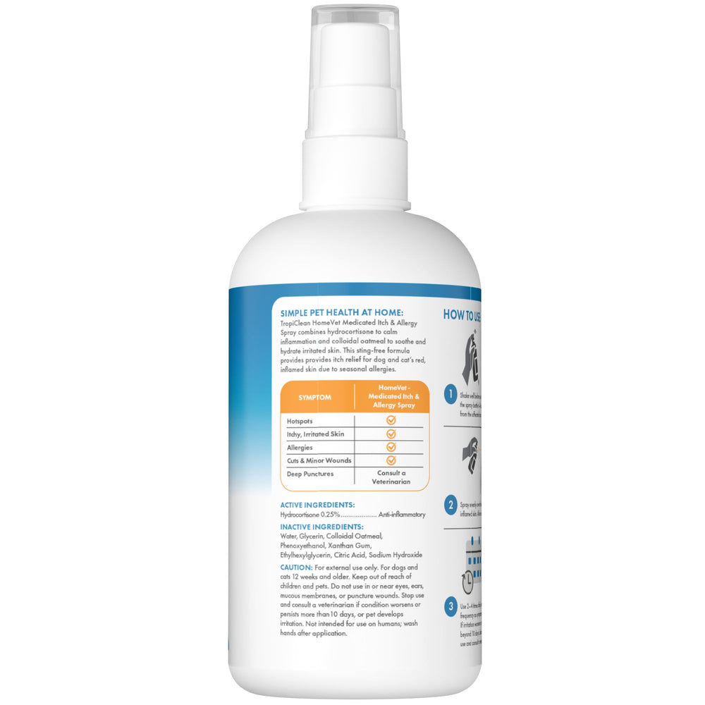 TropiClean HomeVet pet-skin-care spray part of daily care routine.