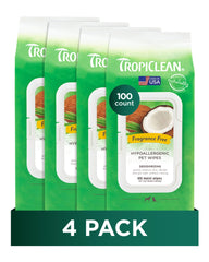 TropiClean hypoallergenic dog wipe packaging shown for on-the-go grooming.