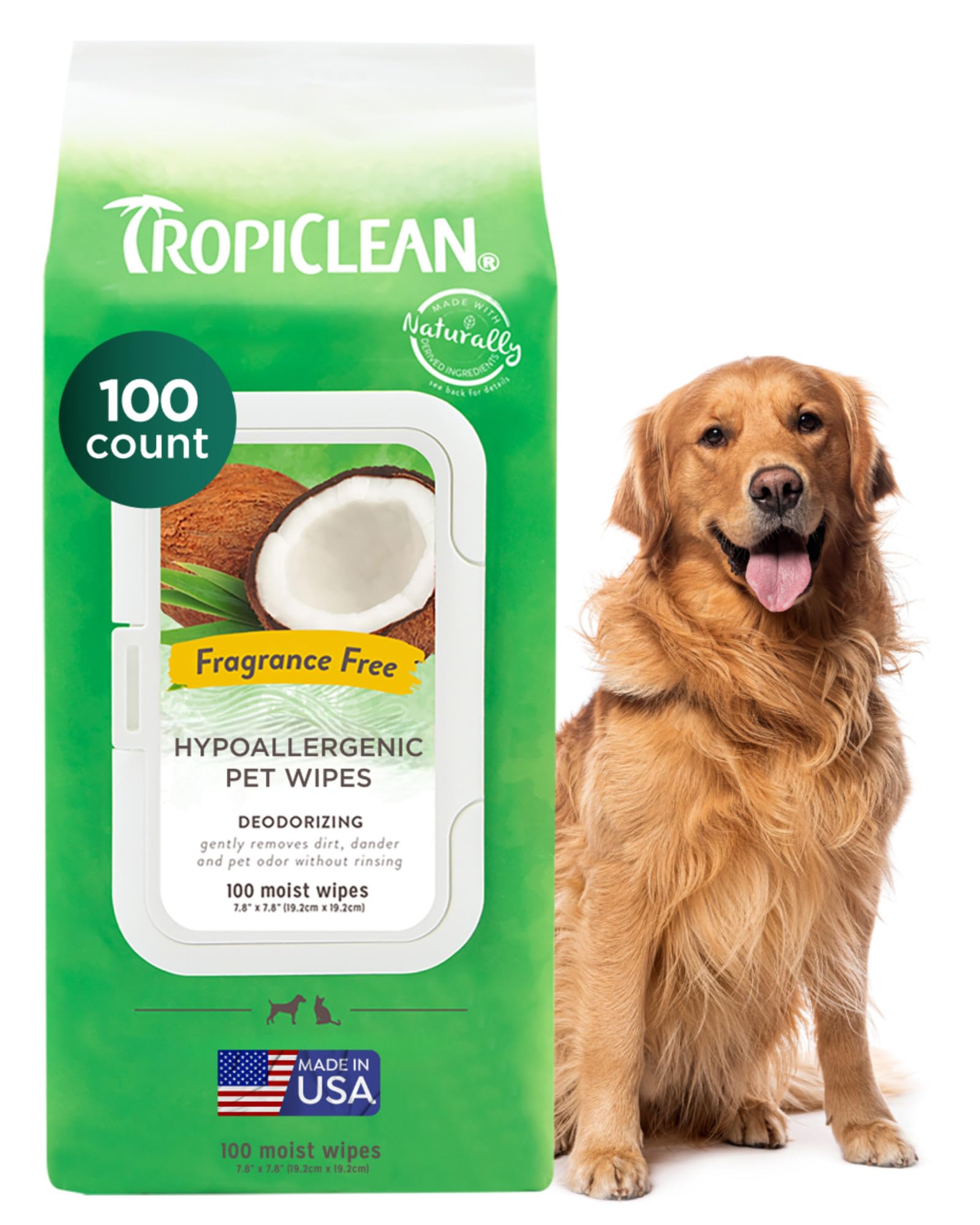 TropiClean hypoallergenic pet wipes on a dog's face for quick cleaning.