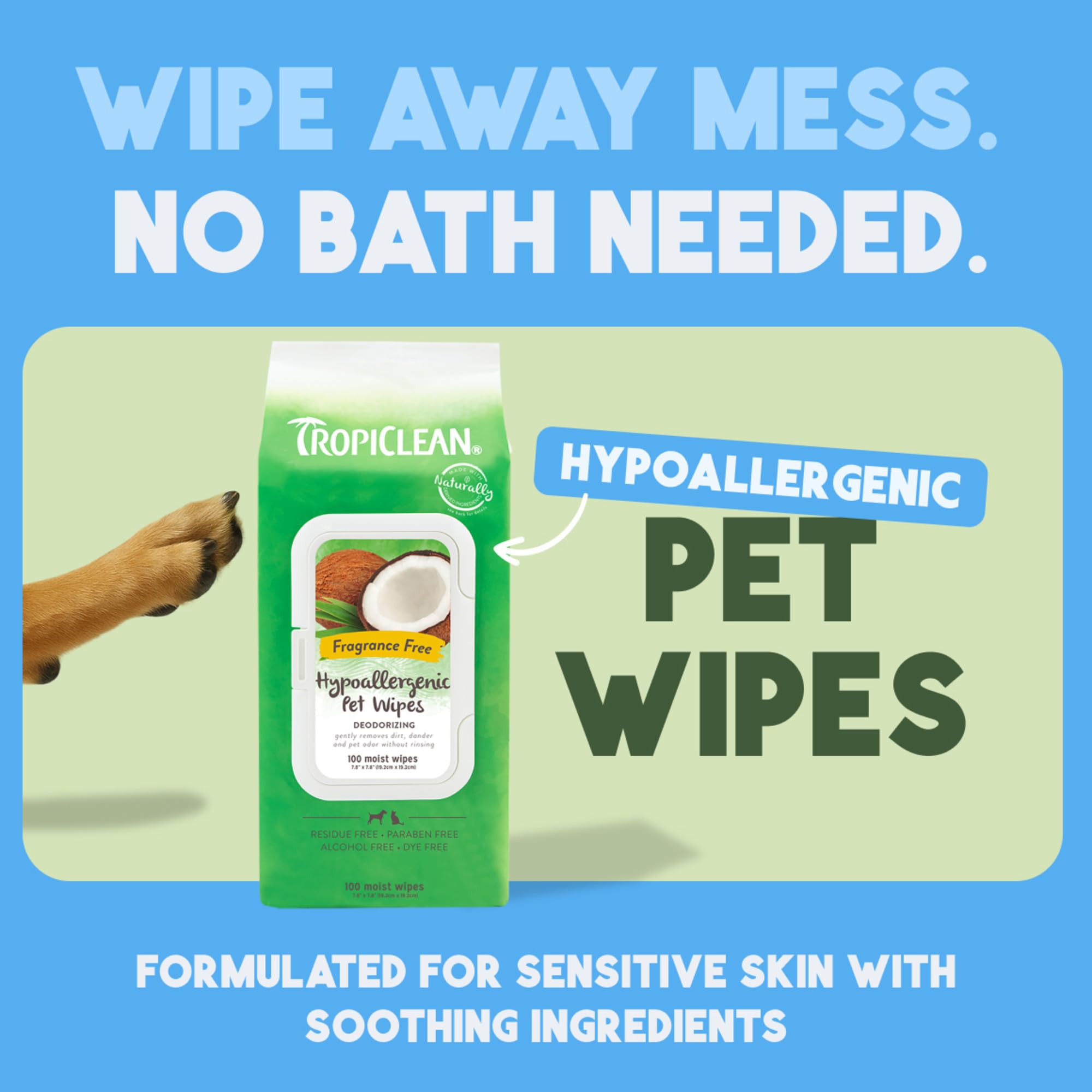 TropiClean wipe on paws removes dirt and dander during on-the-go moments.