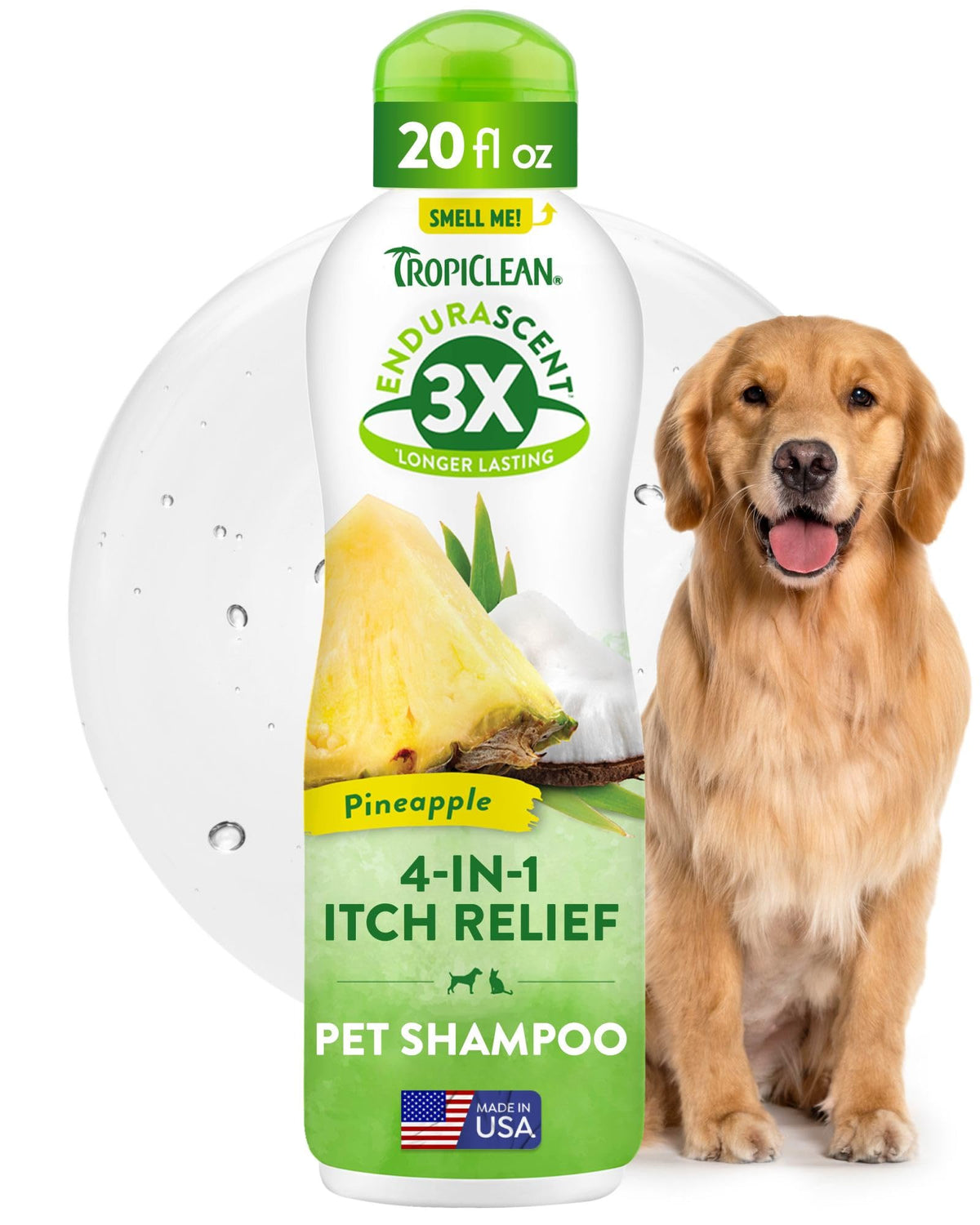 TropiClean Itch Relief Shampoo bottle shows lasting pineapple scent