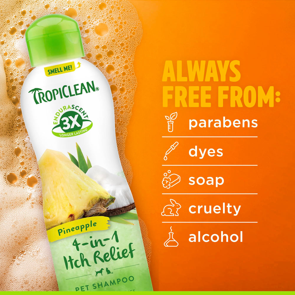 TropiClean Itch Relief Shampoo label highlights clean, balanced ingredients