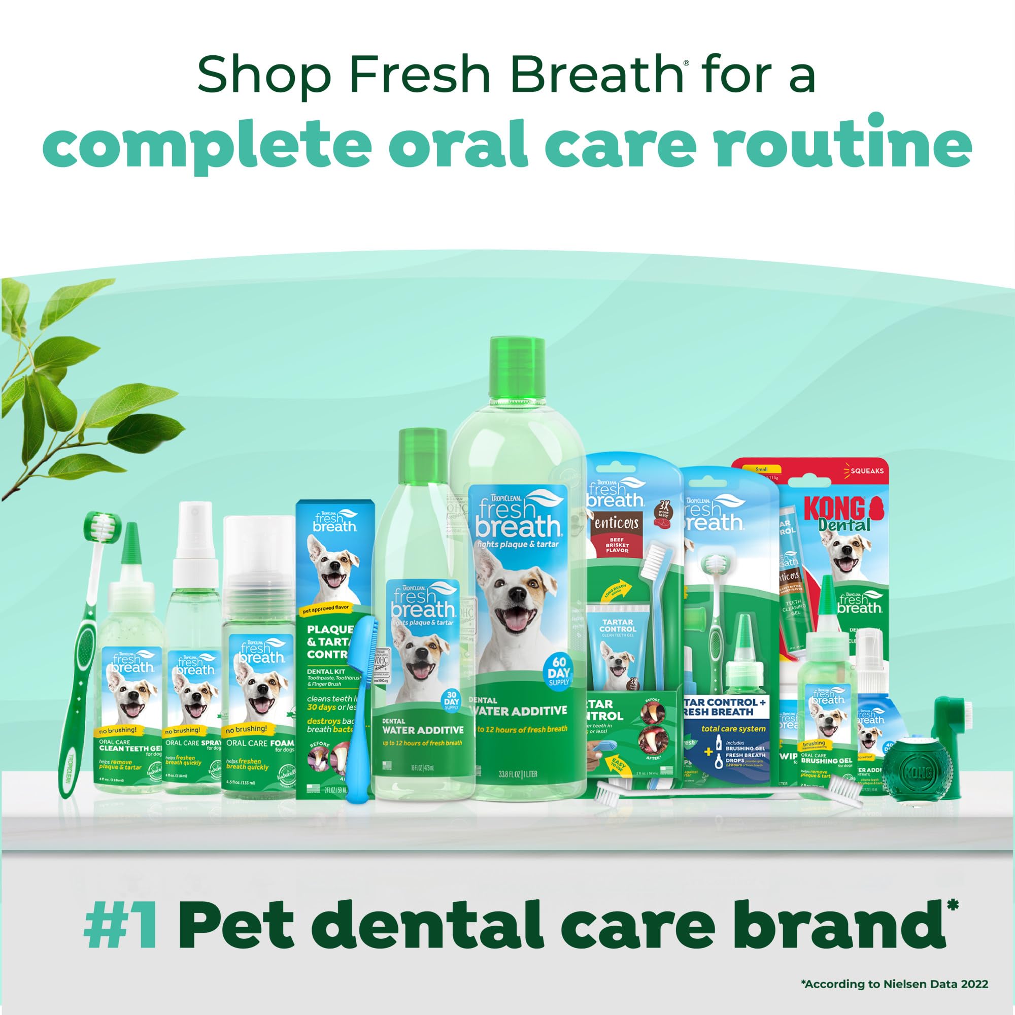 TropiClean kitchen-scene demonstrates a simple, no-brush routine for dental care.
