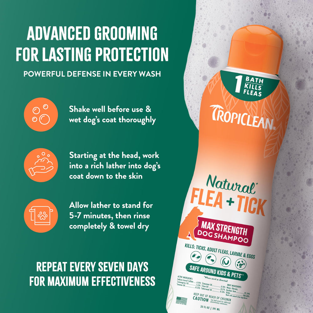 TropiClean lemongrass scent provides a long-lasting citrus aroma.