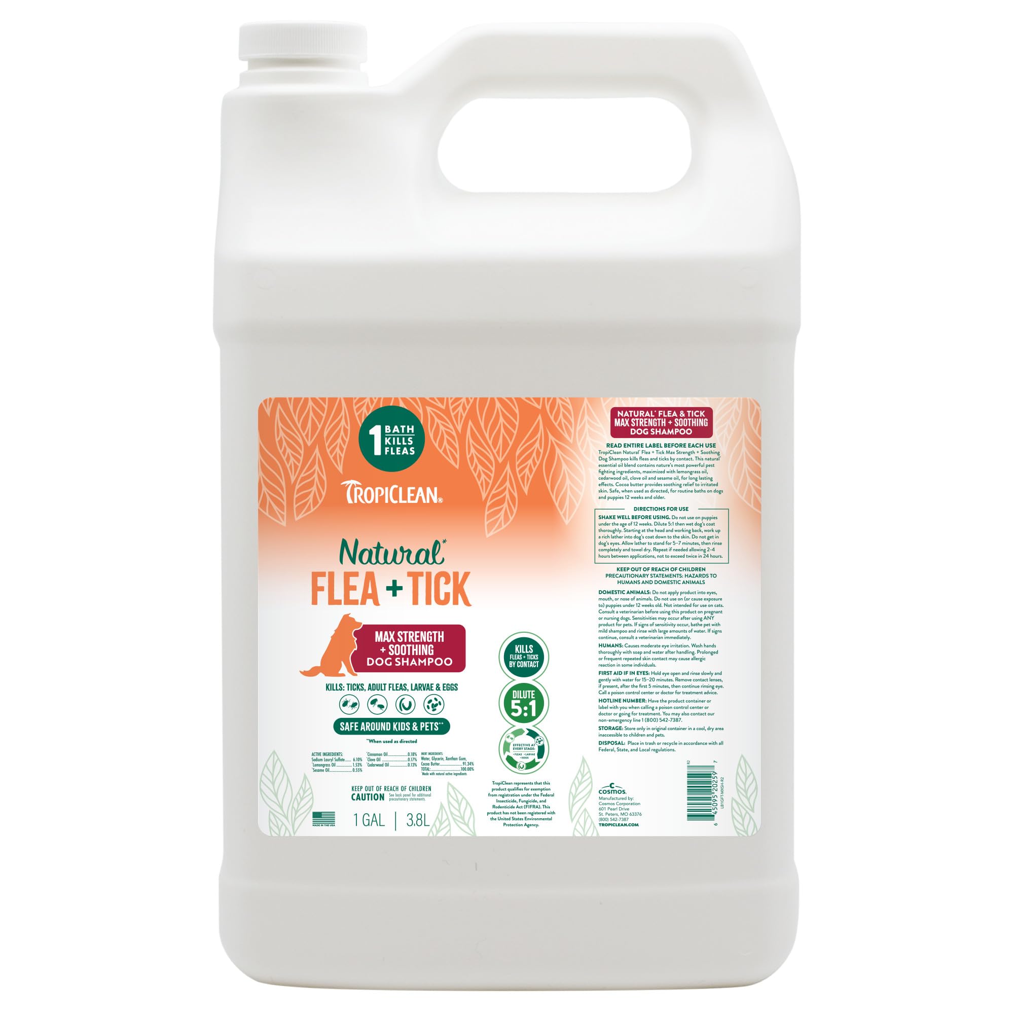 TropiClean Max Strength shampoo bottle front showing pest protection.