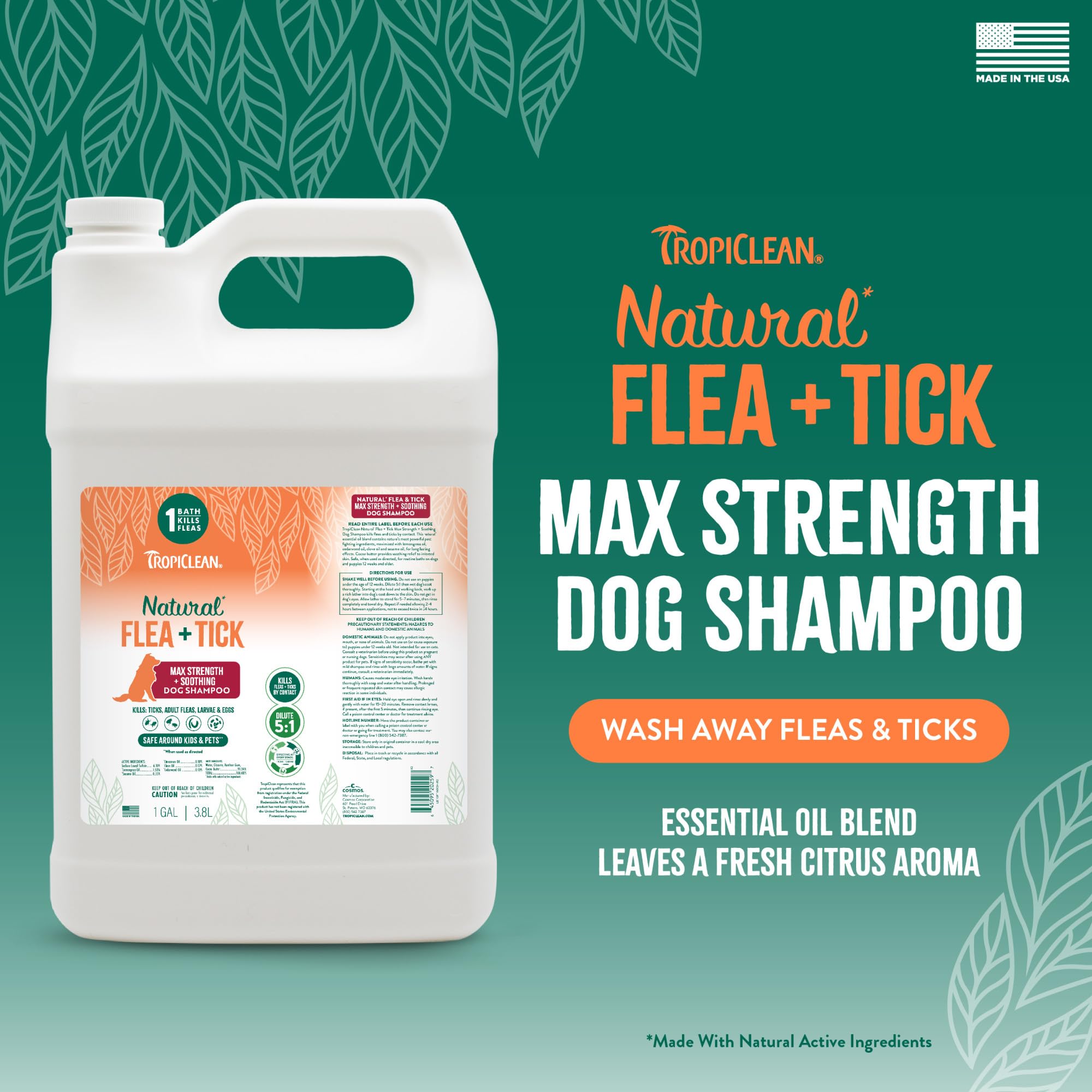 TropiClean Max Strength shampoo lather on dog for deep cleansing.