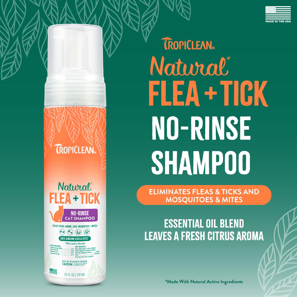 TropiClean natural ingredients label highlights cat-safe care.